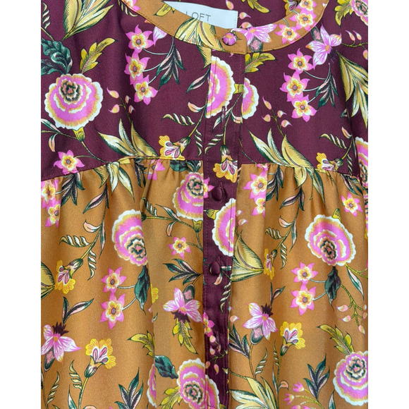 Loft Sz XXL Dressy Blouse Contrast Yoke Bronze & Burgundy Floral Satin Office - Picture 4 of 8